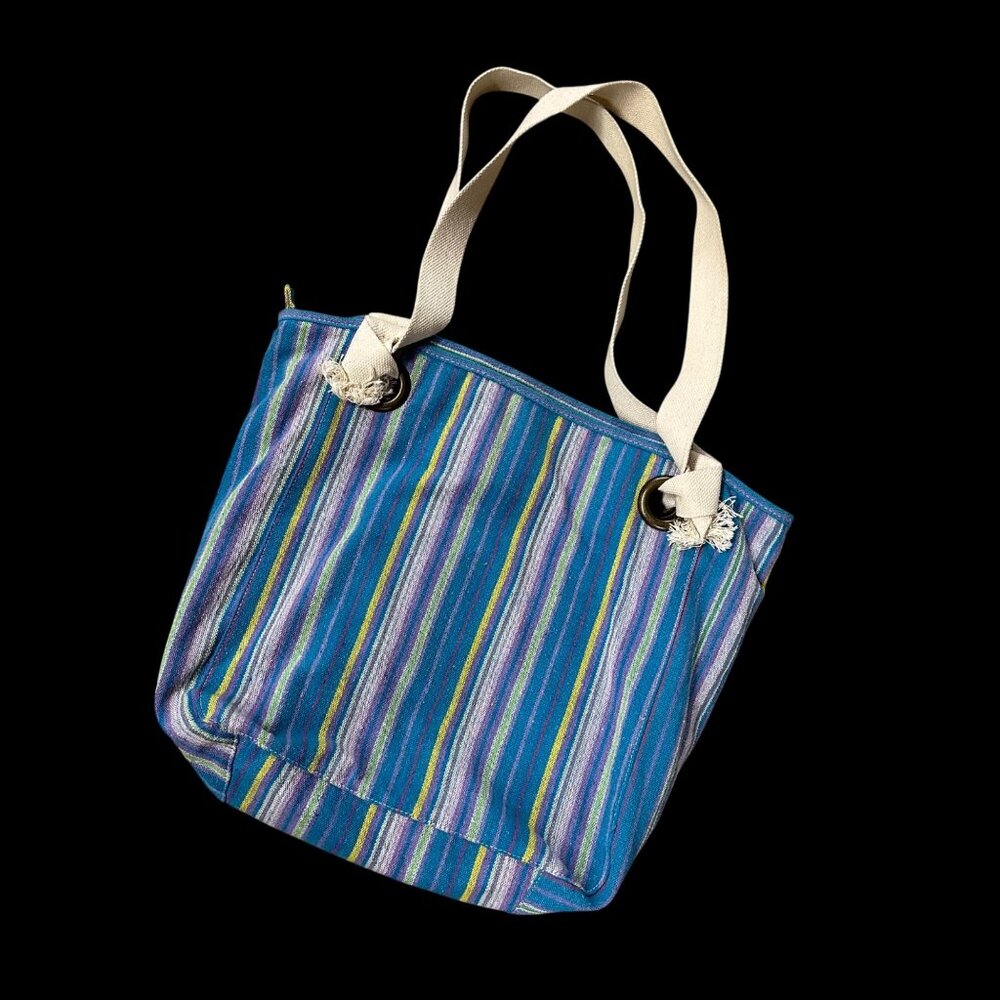 Striped Woven Canvas Tote Bag Zipper Handles Beach Bag Blue Purple Michael Stars